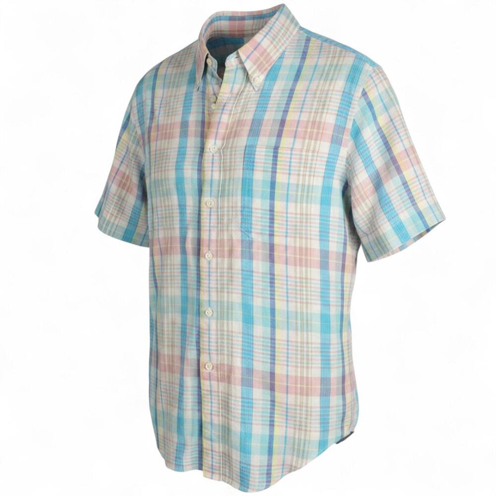 BROOKS BROTHERS %100 Linen Button Down Shirt Men's L Plaid Pastel Summer Preppy